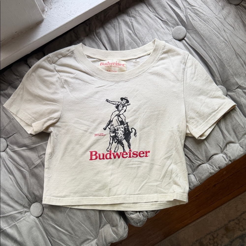 Budweiser x Pacsun Beige Cropped Baby Tee